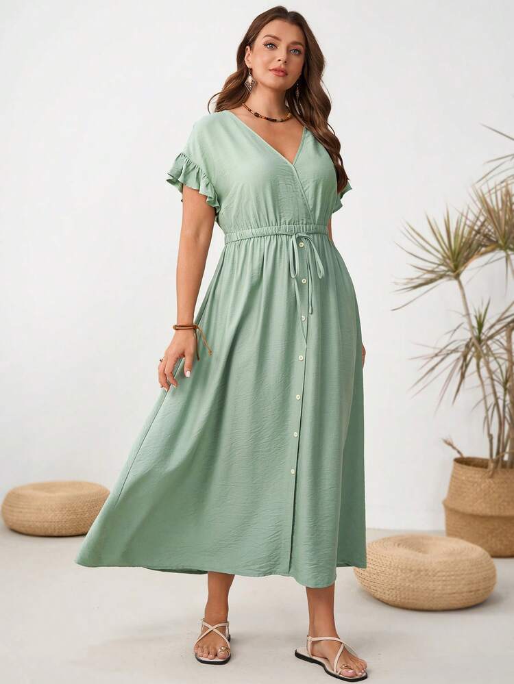 Plus Size Casual Solid Color Drawstring Waist Dress