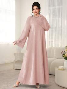 Al Najma Vestido casual de resort árabe con cuello redondo, manga larga suelta y cinta de empalme de unicolor - Rosa - Ver 4