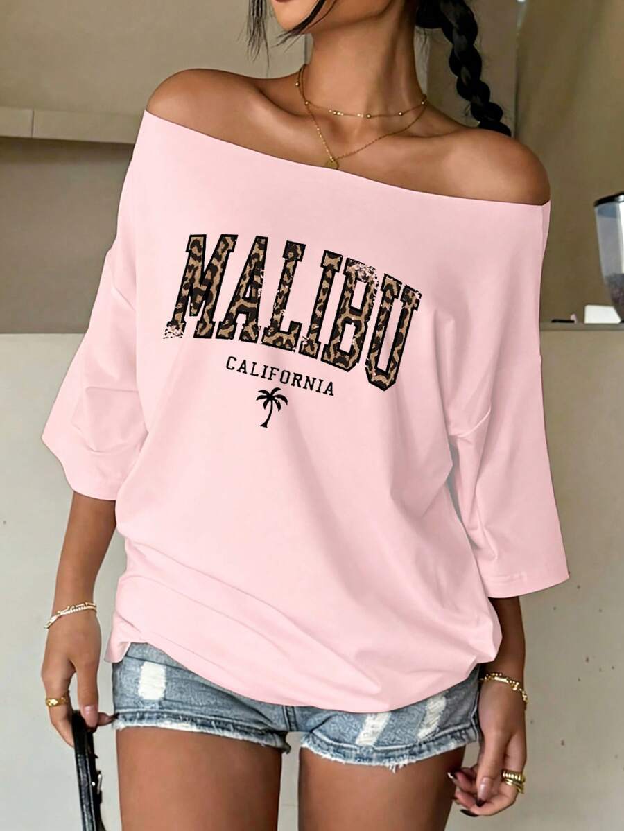 Jouncy 女士字母印花露肩休闲百搭日常穿搭T恤 - 粉色 - 查看 1