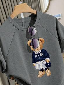 Tween Girls Summer Y2k Back-To-School Vacation T-Shirt Set,Light Grey Raglan Loose Short Sleeve Bear Print Pattern,Casual Minimalist,Spring & Summer - Light Grey - View 4