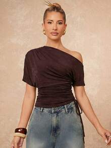 Lumalex Áo thun nữ thanh lịch kiểu dáng bất đối xứng vai, thắt eo bằng dây rút, thích hợp cho mùa hè. - màu nâu - Xem 7