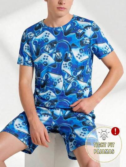 2pcs/Set Teenage Boys' Fashion Casual Game Controller & Headphone Print Crew Neck Stretchy Knit Short Sleeve Top And Shorts 2-Piece Loungewear Set