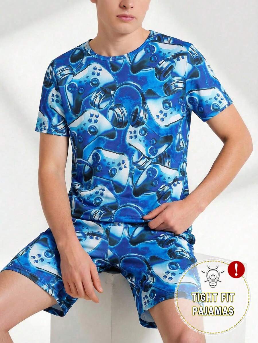2件套青少年男童时尚休闲游戏手柄和耳机印花圆领弹力针织短袖上衣和短裤两件套家居服套装 - 藍色 - 查看 1