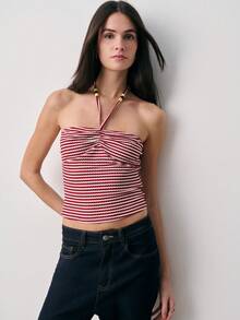 Nöista Top corto de cuello halter de punto a rayas, con escote con cuentas, con lazo y moño en la espalda para ajustar. Primavera, verano, Pascua, ropa de playa, estilo callejero. - Rojo - Ver 10