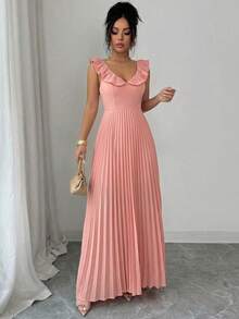 Elenzga 1pc Women's Spring/Summer Pleated Ruffle Trim Waist A-Line Dress, Elegant For Dates, Outings And Commuting - Pink - View 3