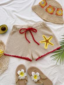 Pantalones cortos de punto con cordón en la cintura y estampado de estrella de mar, adecuados para vacaciones - Multicolor - Ver 6