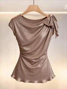 Modelyn Shiny Pleated Bow Tie Short Sleeve Elegant Blouse For Women - Pink - View 2