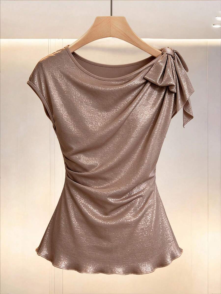 Modelyn Shiny Pleated Bow Tie Short Sleeve Elegant Blouse For Women