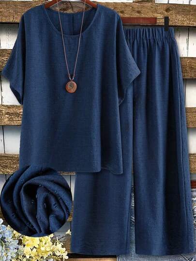EMERY ROSE Plus Size Women Casual Round Neck Short Sleeve Top And Elastic Waist Wide Leg Pants Set 2 Piece Linen Sets Woman Blue Sets For Women Two Piece Set Navy Blue Set Linen Outfit Comfortable Two Piece Set