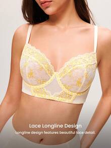 LUVLETTE Breathable Unlined Lace Elegance Push-Up Balconette Corset Lingerie Lounge Curve Yellow & White Floral Minimizer Bridal Bra As Outerwear Wedding - Beige - View 3