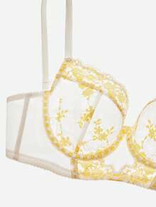 LUVLETTE Breathable Unlined Lace Elegance Push-Up Balconette Corset Lingerie Lounge Curve Yellow & White Floral Minimizer Bridal Bra As Outerwear Wedding - Beige - View 8