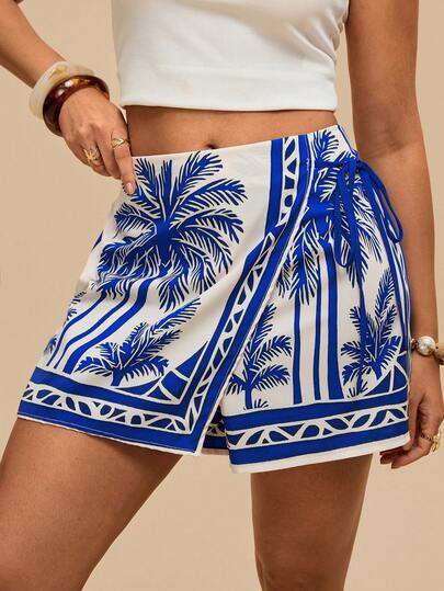 Travachic Plus Size Women Palm Tree Print Side Tie Waist Casual Culottes