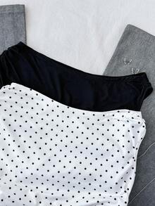 SHEIN 2件套少女黑白波点针织休闲褶皱不对称肩部修身短款上衣T恤 - 黑與白 - 查看 4