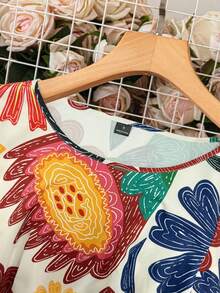 Breezaya 女士法式印花荷叶边短袖圆领连衣裙，适合度假沙滩穿着，女士长款连衣裙，女士夏季连衣裙，女士春季连衣裙，野花连衣裙，波西米亚风连衣裙 - 橘色 - 查看 7