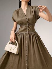Heiryn Women's Solid Color V-Neck Ruched Waist Elegant Midi Dress For Party,Summer Dresses For Women - Camel - View 6