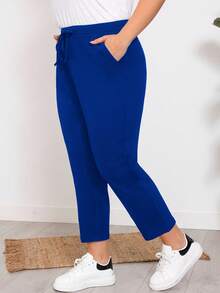 EMERY ROSE Pantalones casuales de talla grande para mujer con cintura con cordón y bolsillos, de unicolor - azul real - Ver 5