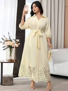 Modelyn Plus Size Elegant Solid Color Hollow Patchwork Front Button Dress, Summer Fall - Pale Yellow - View 3