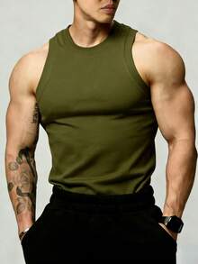 GymBeat Men's Solid Color Round Neck Casual Versatile Daily Wear & Sports Tank Top, Gym - Army Green - View 4