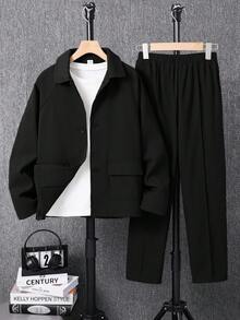 SHEIN 男士及青少年休闲长袖翻领外套搭配直筒裤两件套，绅士套装，经典简约百搭，适合居家、通勤、上学、日常休闲、旅行、户外、聚会、秋冬季等场合。 - 黑色 - 查看 2