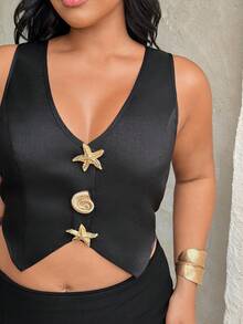 Rustia Elegant Minimalist Office Lady Commute Workwear Sleeveless Deep V-Neck Open Front Metal Starfish & Shell Decor Vest, Plus Size - Black - View 2