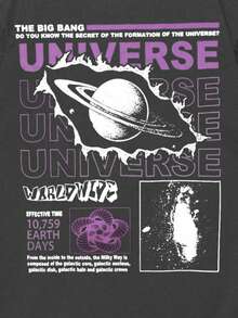 ROMWE MEN Street Life Camiseta casual de cuello redondo de manga corta con estampado de letras y planetas para hombres - Gris Oscuro - Ver 3