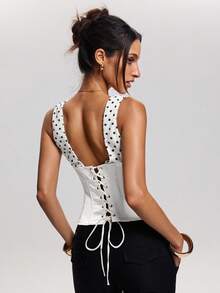 SHEIN BAE 女士波点拼接修身休闲衬衫 - 白色 - 查看 2