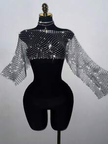 EgrlEra Women's Fishnet Rhinestone Cropped Top, Suitable For Holiday Party Outfits - Light Grey - View 3