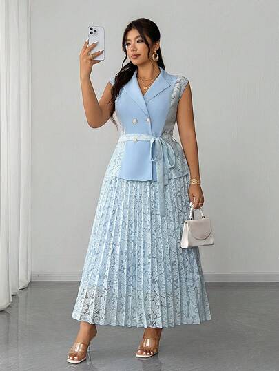 Elenzga Plus Size Women's Spring/Summer Elegant Sexy Casual Vacation Suit Collar Lace Patchwork Sleeveless Top And Lace Pleated Flowy Skirt 2 Piece Set