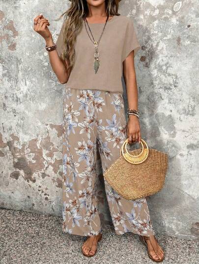 EMERY ROSE Women Solid Color Round Neck Short Sleeve Top And Flower Print Wide Leg Pants Set For Summer Two Pieces Outfits