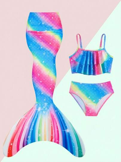 SHEIN Conjunto de bikini con volantes de estampado de escamas de sirena degradado y cola de sirena brillante para niña, traje de baño de unicornio de 2 piezas para vacaciones de verano en la playa, adecuado para niñas de 4 a 7 años, traje de baño de cola de sirena, disfraz de sirena, bikini de sirena, accesorios de sirena, ropa de baño con tema oceánico, adecuado para niñas pequeñas, traje de baño lindo adecuado para niñas pequeñas, conjunto de sirena arcoíris de 2 piezas para niños, cola de sirena arcoíris