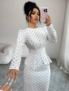 SHEIN Tall Women's Elegant Pearl Button Blouse + Split Hem Skirt 2 Pieces Set - White - View 8