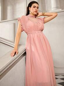 VOLUPTÉ CURVE 大码春夏雪纺连衣裙，高领荷叶袖，高腰珍珠系带拼接长裙，适合派对、度假、约会、生日、早午餐等场合。 - 粉色 - 查看 7