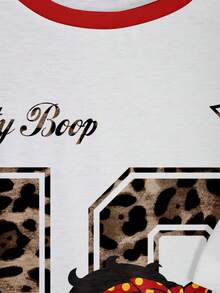 Betty Boop x SHEIN 女士圆领条纹夏季时尚印花休闲T恤 - 白色 - 查看 3