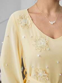 Yasmyna V-Neck Front Embroidered Bubble Pearl Flare Sleeve Dress, Arabic Style - Yellow - View 3