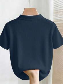 SHEIN Franclia New Summer Casual Loose Versatile Minimalist Elegant Polo Shirt, Commuting Workplace Metal Button Office Refined Personalized Conservative Slim Fit Lady Cardigan - Navy Blue - View 2