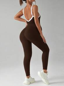 SHEIN 孕妇撞色休闲运动连体裤 - 咖啡棕 - 查看 2