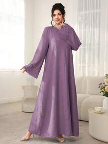 Al Najma Solid Color Round Neck Loose Long Sleeve Patchwork Ribbon Dress, Casual Resort Wear - Purple - View 4