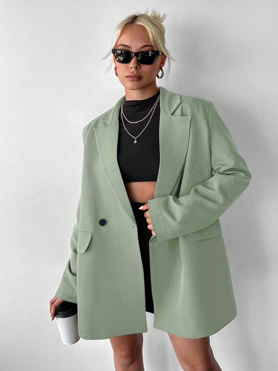 Ritzy Row Women's Casual Oversized Padded Shoulder Mid-Length Double-Breasted Blazer - Green - View 1