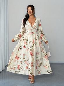 Elenzga Plus Size Women's White Boho Floral Print Flowy Maxi Dress,Lantern Sleeve Autumn Holiday Tea Party Wedding Sundress, Scoop Neck Casual Outfit - Multicolor - View 5