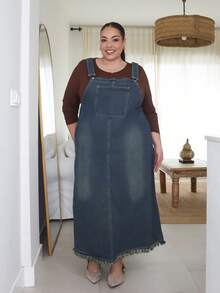 Pretty and Ole Váy Maxi Chữ A bằng vải denim rách màu tối, phù hợp cho mọi mùa - Rửa tối - Xem 5