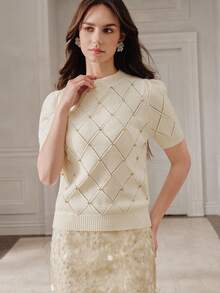 Anewsta Women's Solid Color Stand Collar Casual Versatile Daily Wear Knit Short Sleeve Top - Beige - View 4