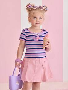 SHEIN X Care Bears Young Girl Striped Short Sleeve T-Shirt With Bow Decor, - Multicolor - View 5