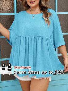 SHEIN CURVE+ 加大码女式超宽松弹力娃娃衫T恤 - 藍色 - 查看 9