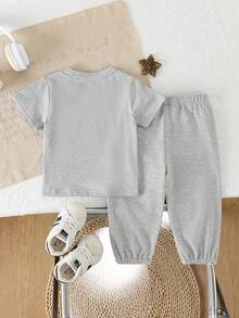 SHEIN 2pcs Baby Boy Casual Simple Gray Round Neck Short Sleeve Top And Pants Set, Suitable For Outdoor Sports And Running - Grey - View 2