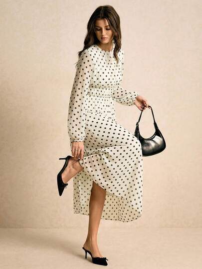 Poéselle Women's Elegant Polka Dot Print Waist Cinched Long Dress ,Spring Dresses For Women,Elegant Dress Polka Dot Dress Women French Dresses For Women Polkadot Dress Pokadot Dress