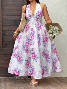 Sunnyshic Plus Size Elegant Vacation Rose Floral Embroidered Halter Dress, Spring/Summer - Pink - View 3