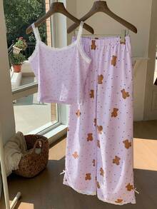 Comfortcana 2pcs Women Teddy Bear Print Camisole And Pants Pajama Set, Teddy Bear Print Sleepwear Set With Built-In Bra - Mauve Purple - View 2