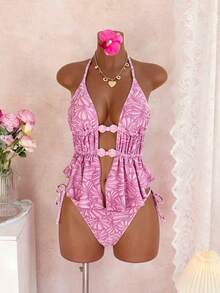 Bonvoyette Summer Vacation Sexy Backless Ruffle Beaded Halter Neck Padded Triangle Top And Bottoms Tankini Set - Multicolor - View 2