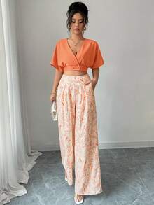 Breezaya 2 件套女士夏季 V 领短袖纽扣衬衫和高腰阔腿裤 - 橘色 - 查看 5