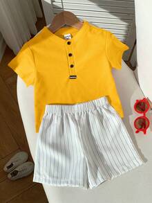 SHEIN 2pcs Baby Boy Summer Casual Red Collar Polo Shirt And White Striped Shorts Set, Suitable For Birthday Party, Rave, Evening Party, Performance, Wedding, Baby Shower And 1st Birthday Celebration - Yellow - View 3